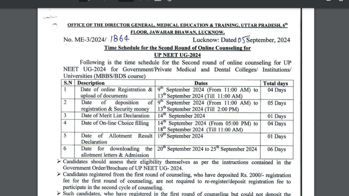 UP NEET Round 2 counselling schedule out: Check important dates here