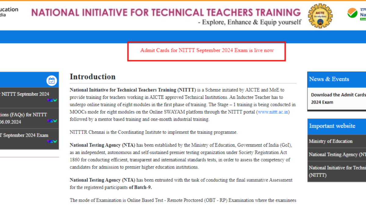 NITTT September 2024 admit card released: Check direct link here