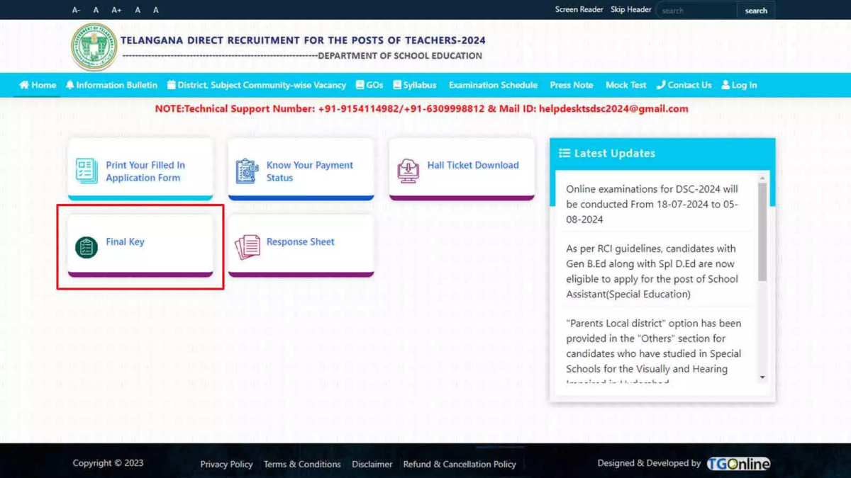 TS DSC final answer key 2024 released at tgdsc.aptonline.in; Check direct link here