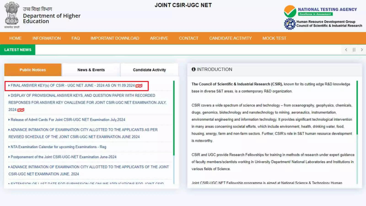 CSIR-UGC NET June 2024: Final Answer Key for Chemical Science Released at csirnet.nta.ac.in; Download Here