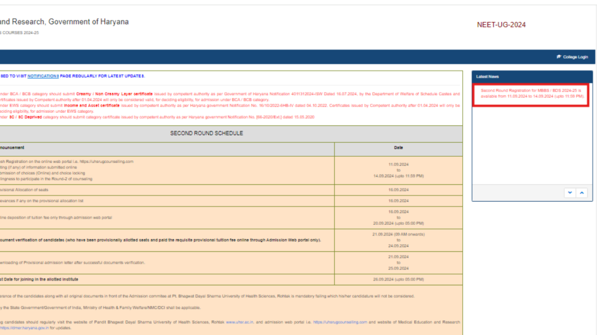 Haryana NEET UG Counselling 2024 Round 2 registration begins: Check full schedule, direct link here