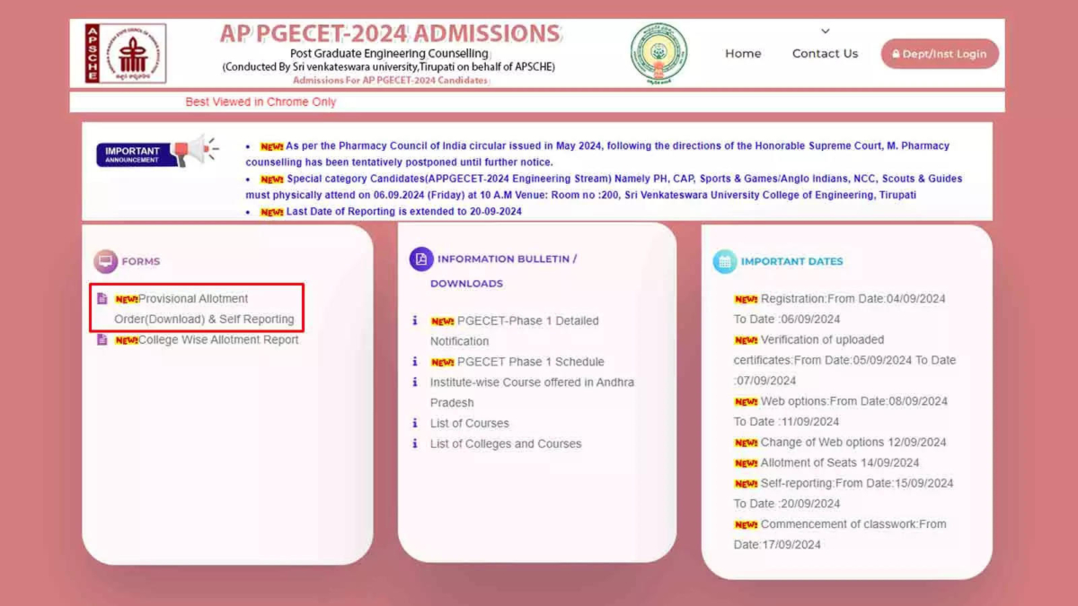 AP PGECET 2024 Phase I Seat Allotment List Released at pgecet-sche1.aptonline.in: Direct Link