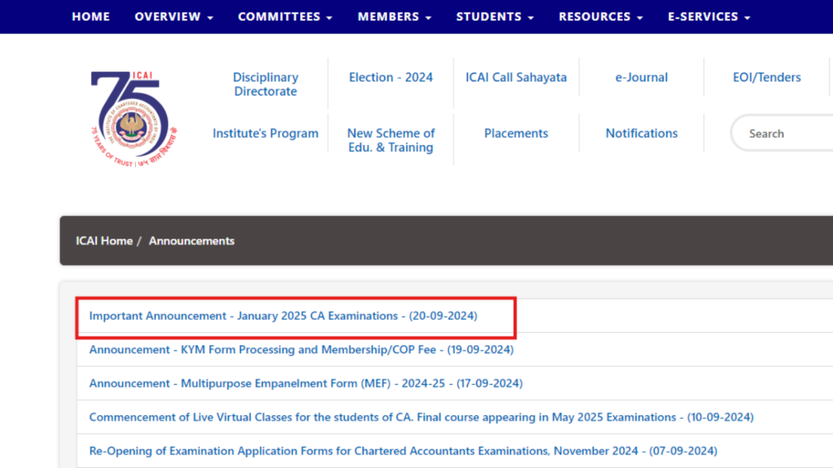 ICAI CA January Exam 2025 schedule released: Check important dates, application fee and other details here