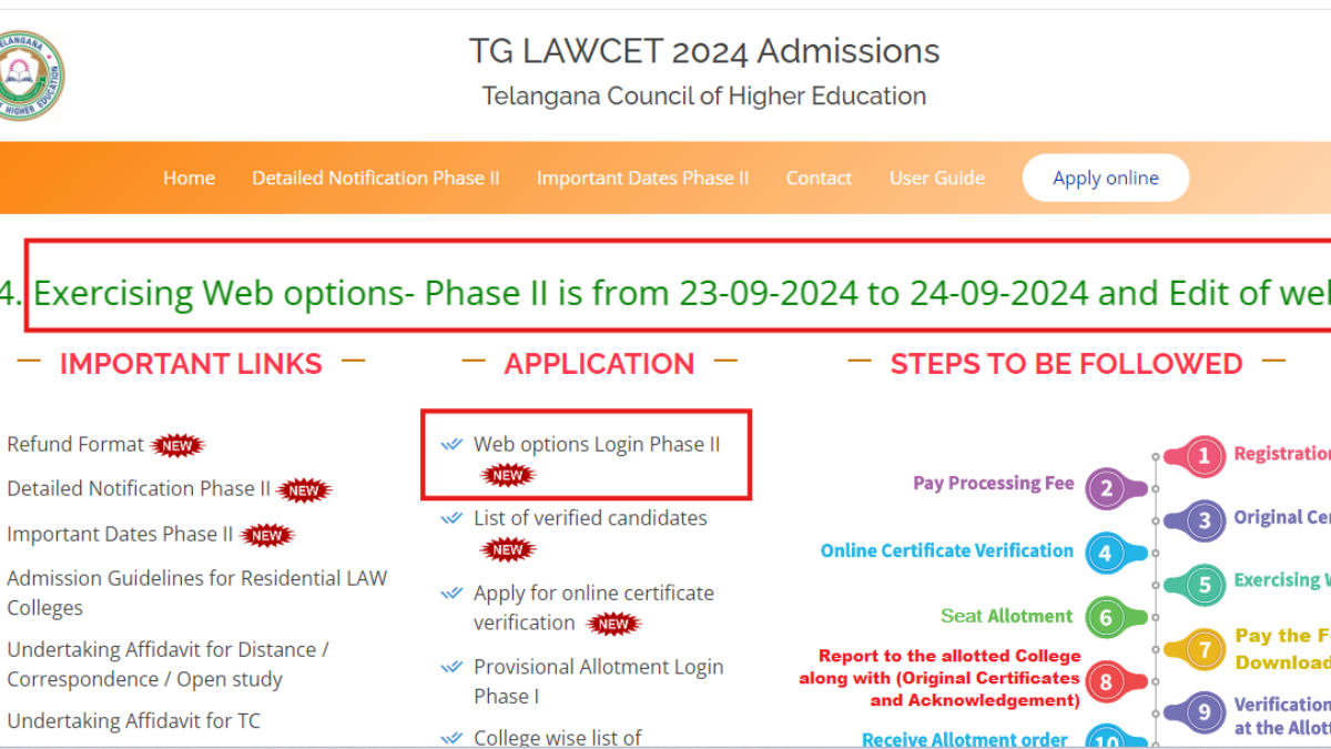 TS LAWCET Counselling 2024 phase 2 web options entry starts at lawcetadm.tsche.ac.in: Direct link here