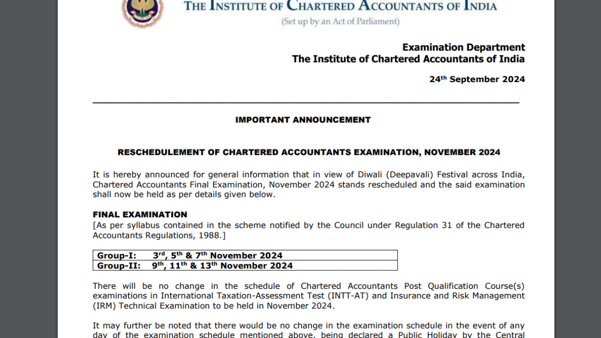 ICAI CA Final Exam for Nov 2024 postponed due to Diwali, new exam date announced: Check official notice here