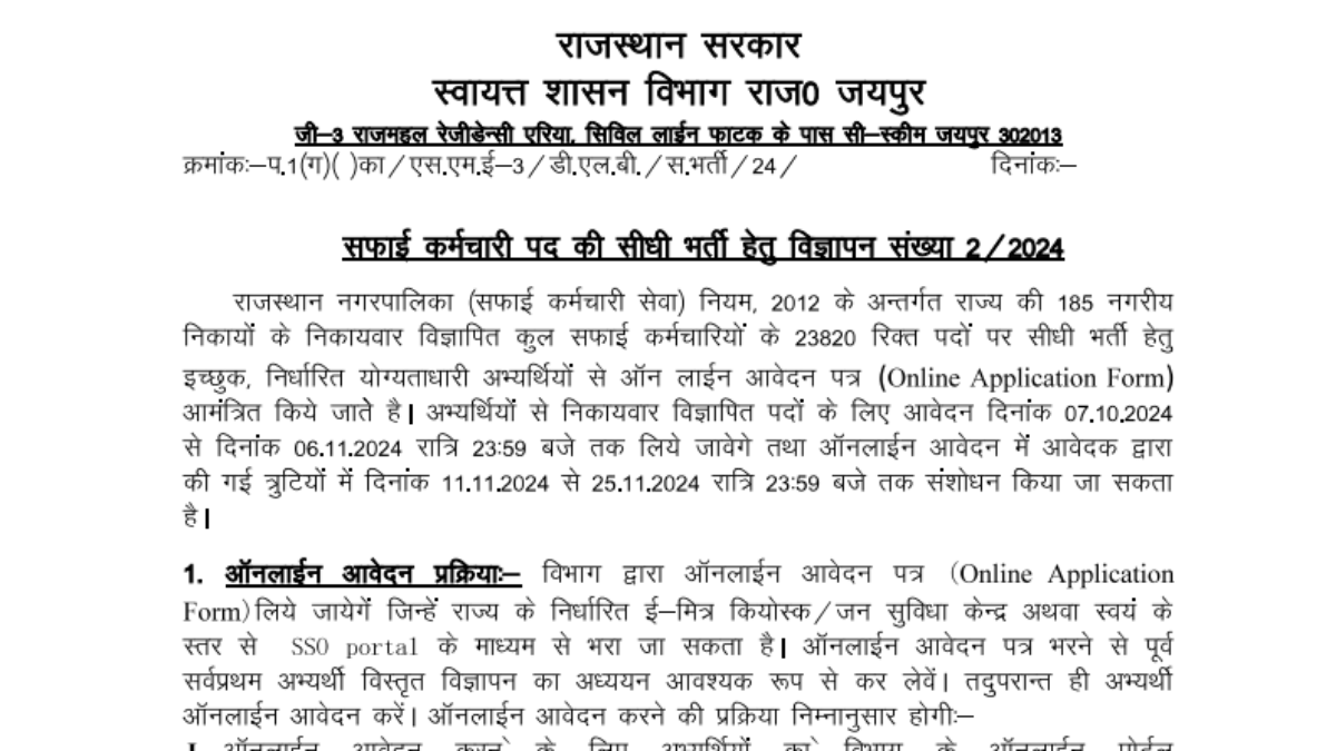 Rajasthan Safai Karmchari Bharti 2024, Notification Out for 23820 Vacancies: Check details here