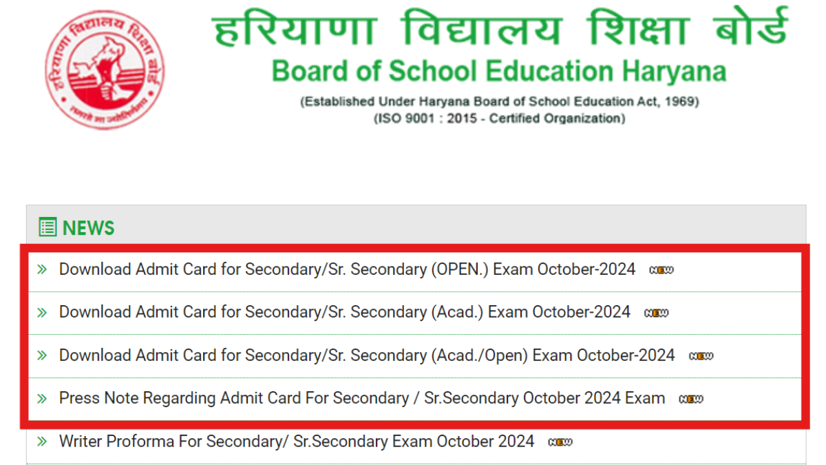 BSEH Haryana Board Open School Admit Card 2024 out for class 10, 12: Direct links to download here