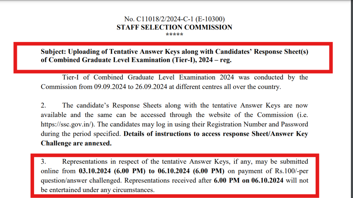 SSC CGL Answer Key 2024 released for Tier 1 exam, raise objections by