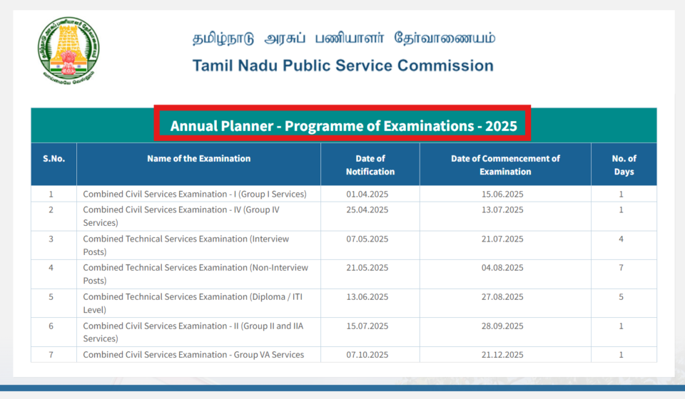 TNPSC annual calendar 2025 released on tnpsc.gov.in, combined services exams expected in June-July next year