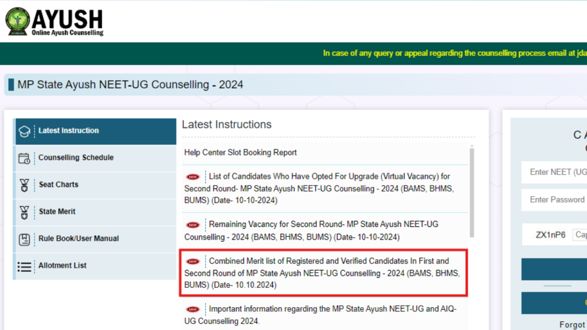 MP Ayush NEET UG Counselling 2024: Combined merit list for rounds 1 and 2 of registered and verified candidates released, check here