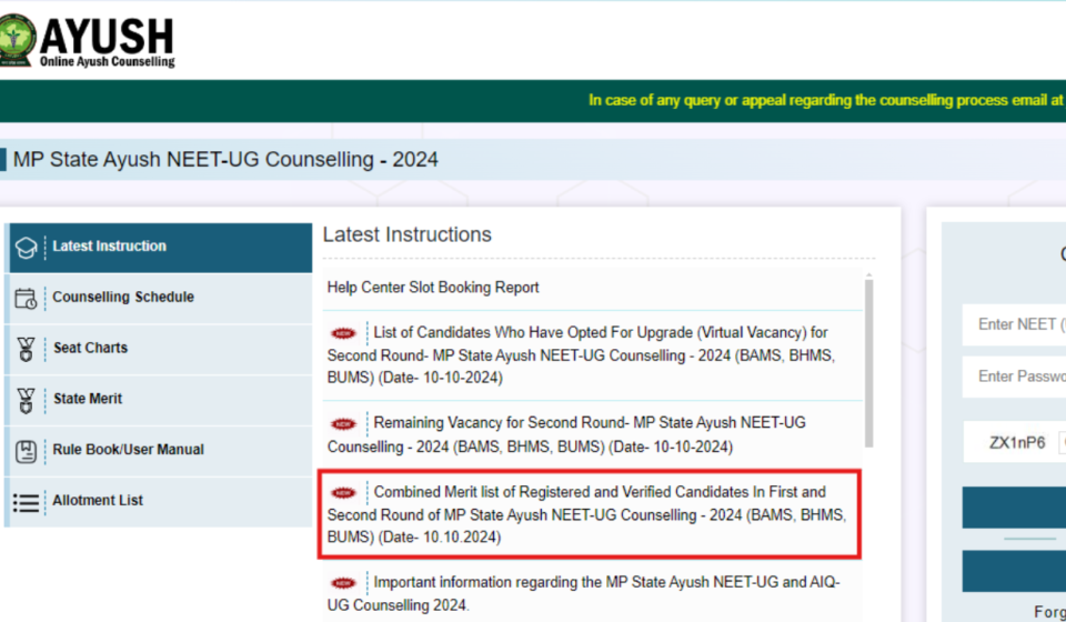 MP Ayush NEET UG Counselling 2024: Combined merit list for rounds 1 and 2 of registered and verified candidates released, check here