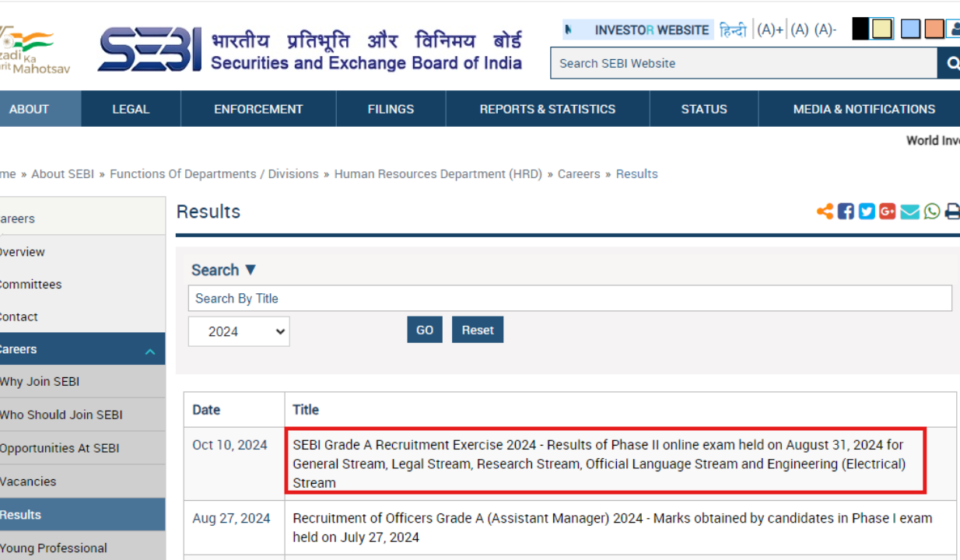 SEBI Grade A Phase 2 Result 2024 declared at sebi.gov.in: Check direct link here