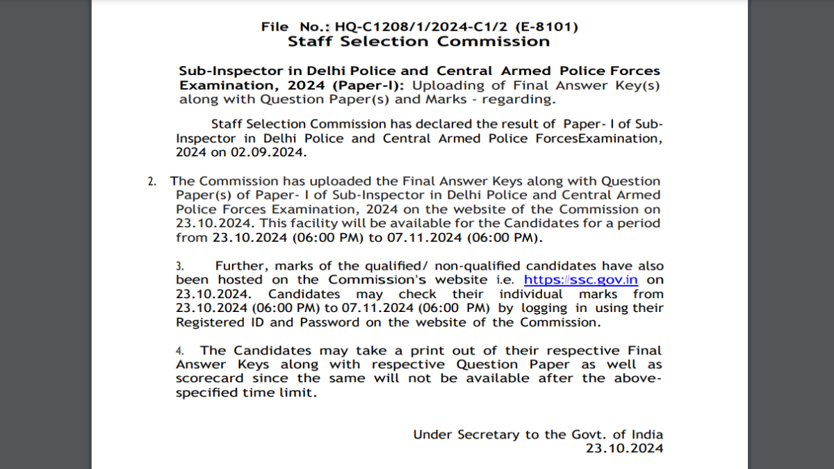 SSC CAPF 2024 Final answer key, marks announced for Paper I at ssc.gov.in: Here's the direct link to check