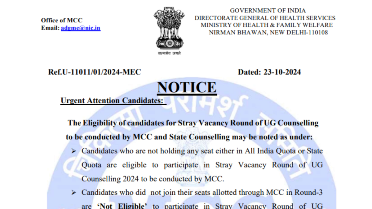 MCC releases important notice regarding NEET UG Counselling 2024 stray vacancy, check official notice here