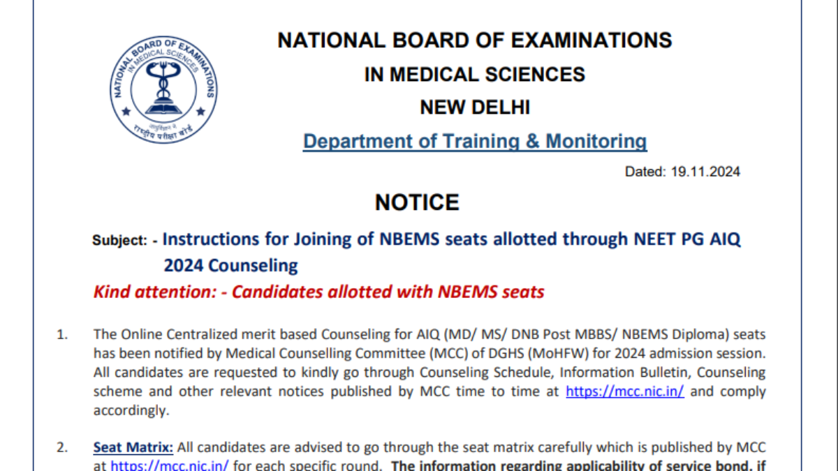 NEET PG 2024: NBEMS issues advisory on joining seats allotted through AIQ 2024, Check key details here