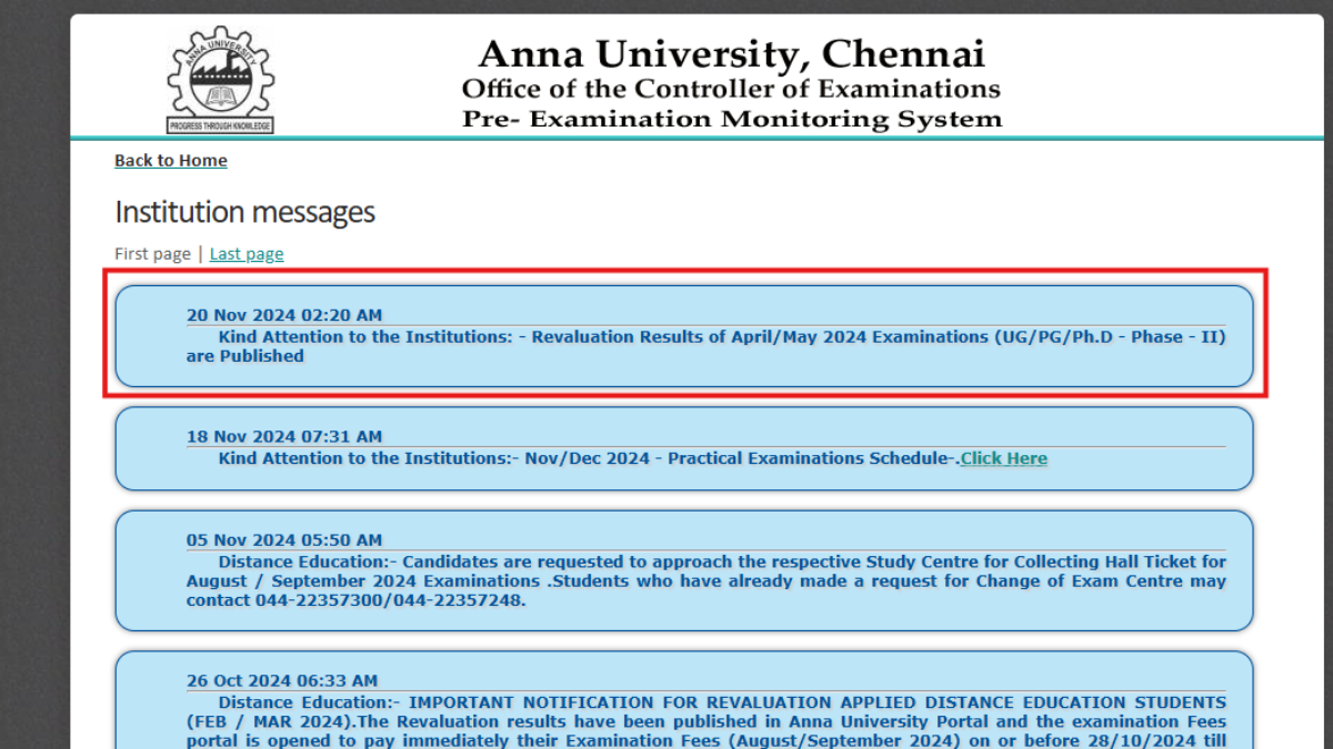 Anna University 2024 phase II revaluation results for UG, PG, and PhD courses released at coe1.annauniv.edu: Direct link to check here