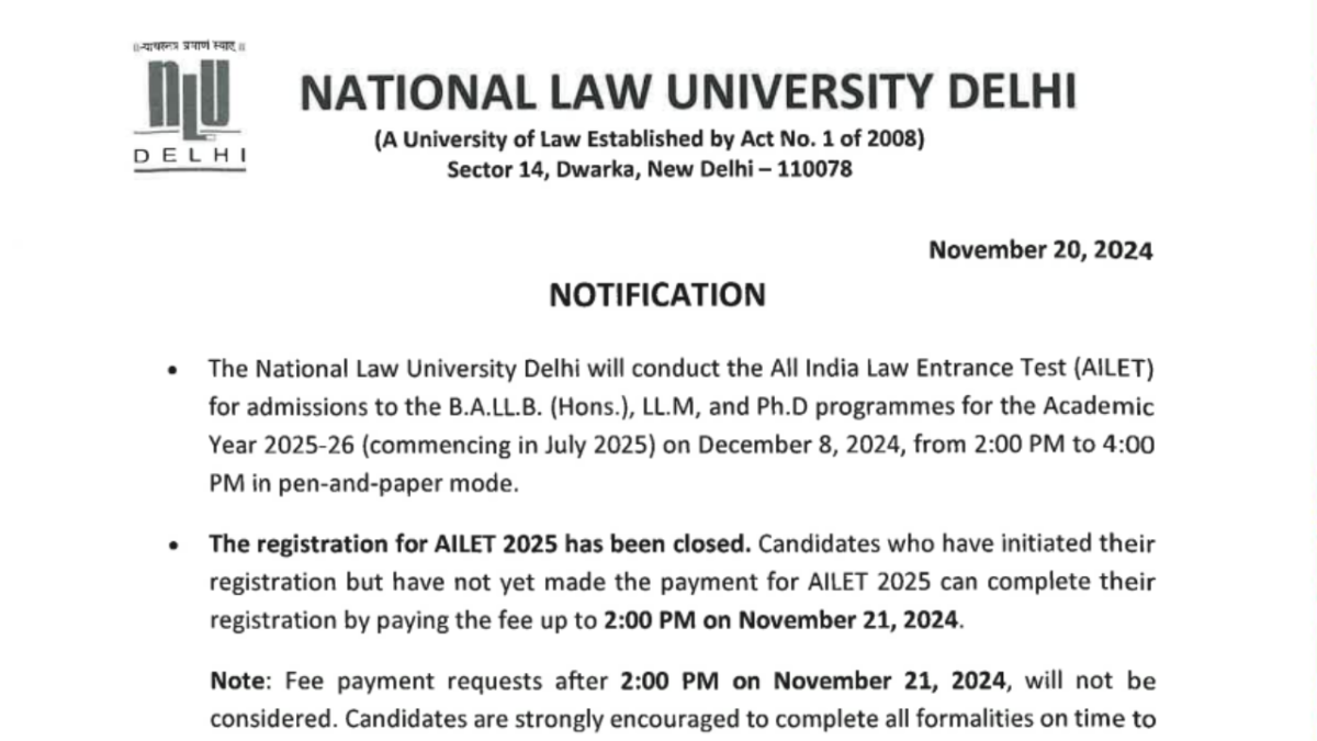 AILET 2025 application fee payment process ends today, check official notice here