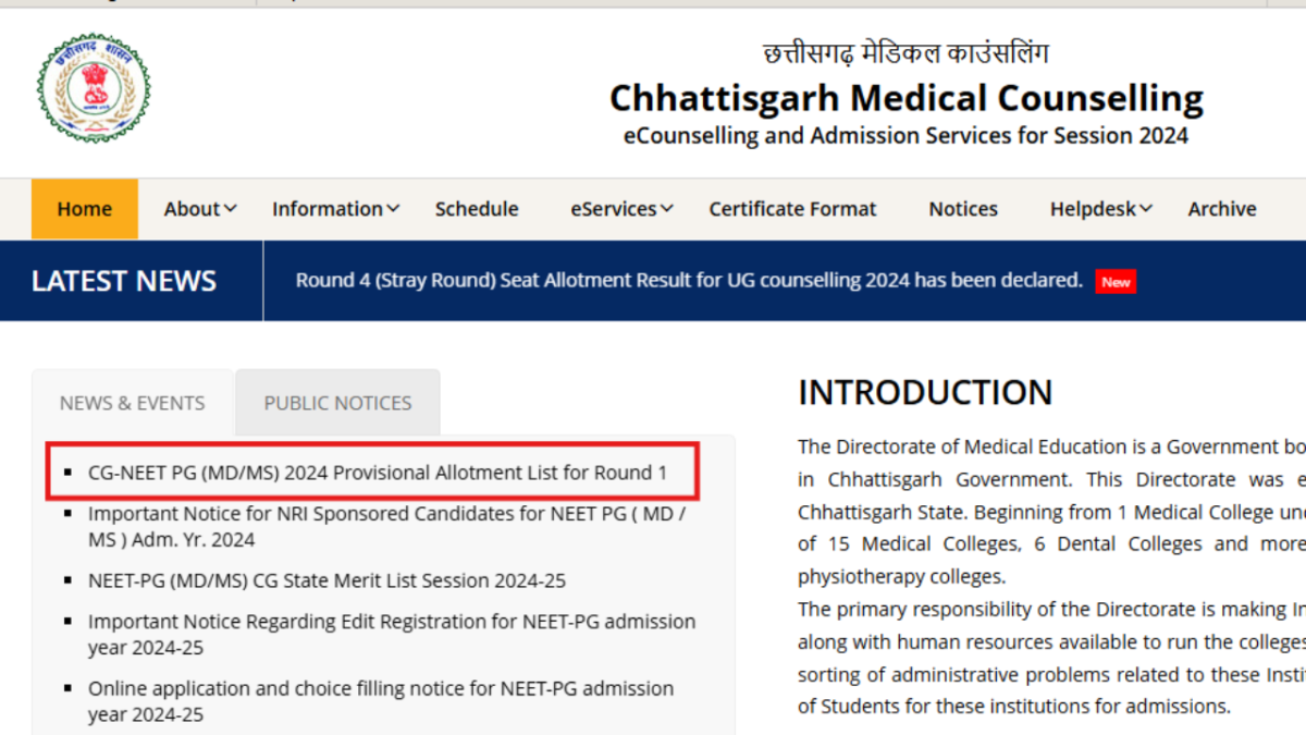 Chhattisgarh NEET PG Counselling 2024 round 1 provisional seat allotment result out: Check direct link here