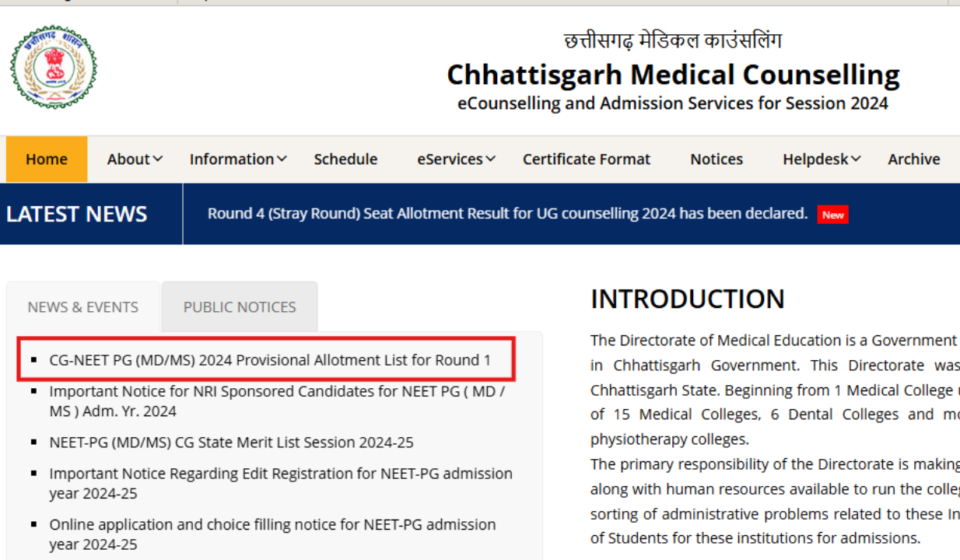 Chhattisgarh NEET PG Counselling 2024 round 1 provisional seat allotment result out: Check direct link here