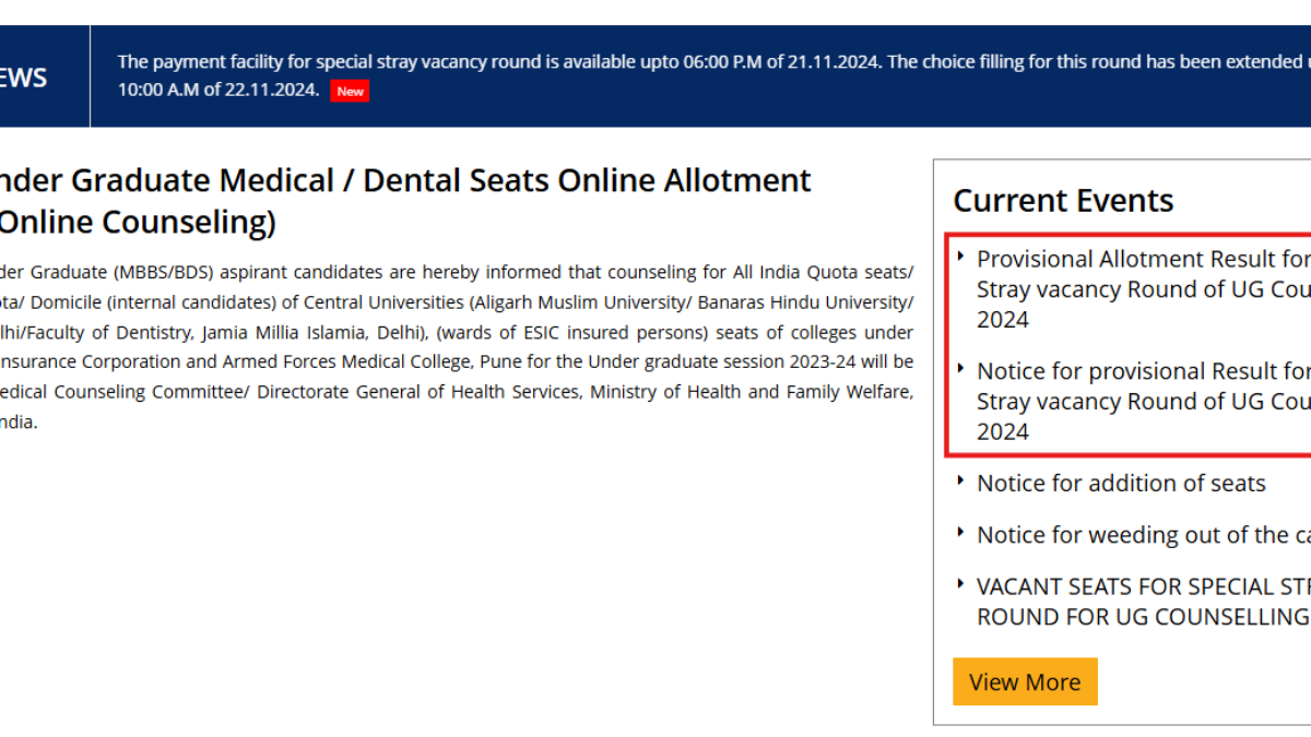 MCC NEET UG provisional allotment result for special stray round released at mcc.nic.in: Check details here