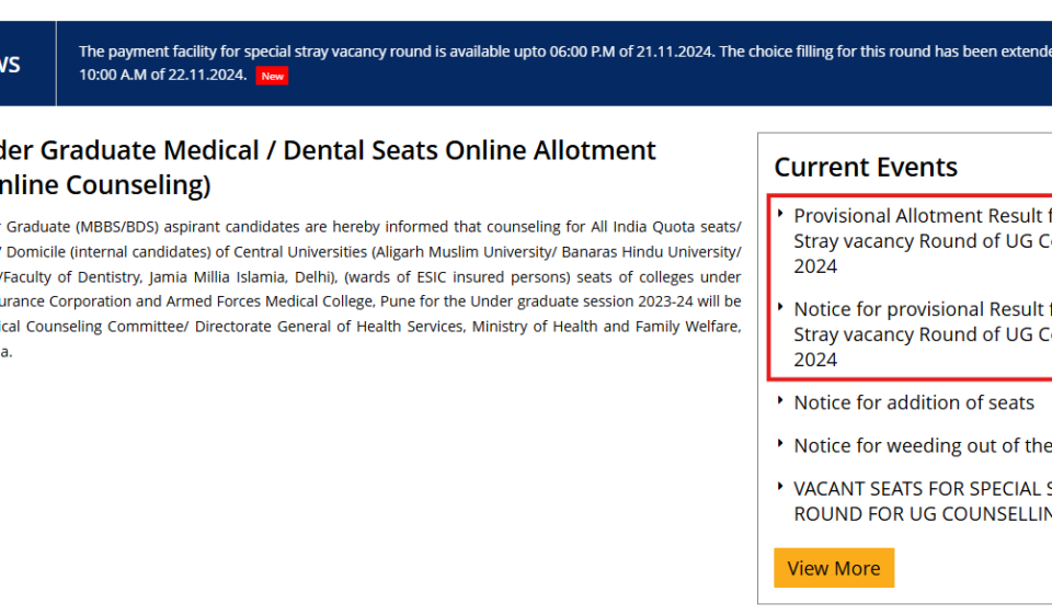 MCC NEET UG provisional allotment result for special stray round released at mcc.nic.in: Check details here