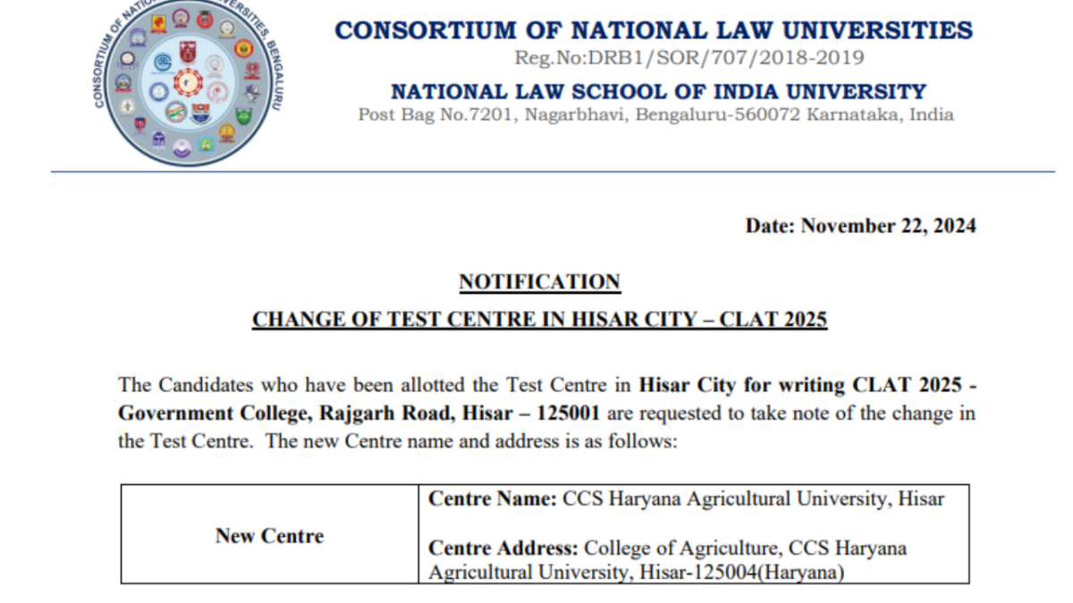 CLAT 2025: Examination center changed for Hisar candidates, revised admit card issued at consortiumofnlus.ac.in, check official notice here