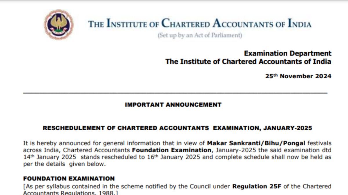 ICAI CA January 2025 Foundation exam dates revised, check official notice here