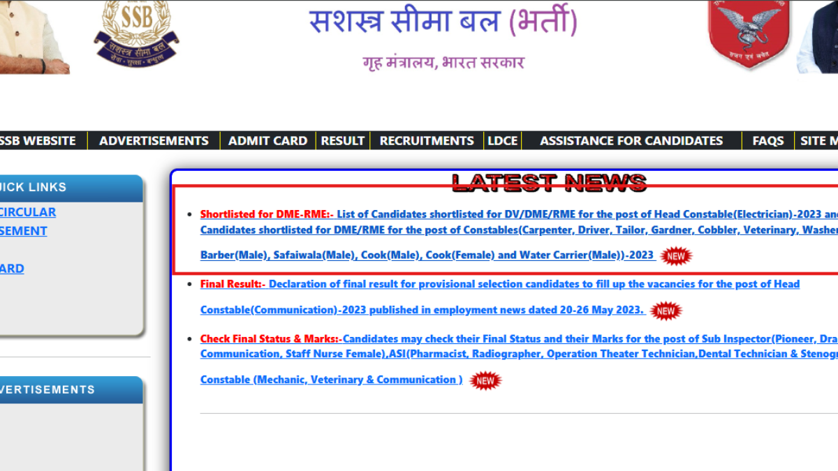 SSB Constable, Head Constable Result Released at ssbrectt.gov.in: Direct Link to Check Here