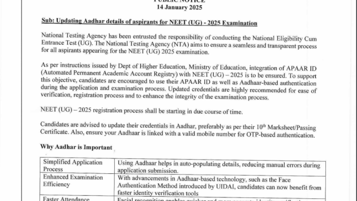 NTA Releases Notice to Integrate APAAR ID with NEET (UG)-2025 Registration Process