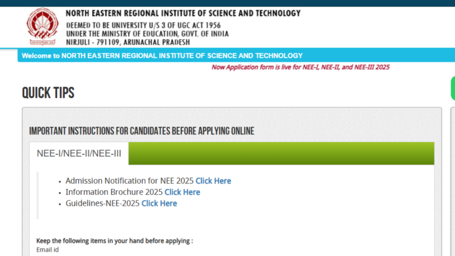 NERIST NEE 2025 application process begins: Check direct link here