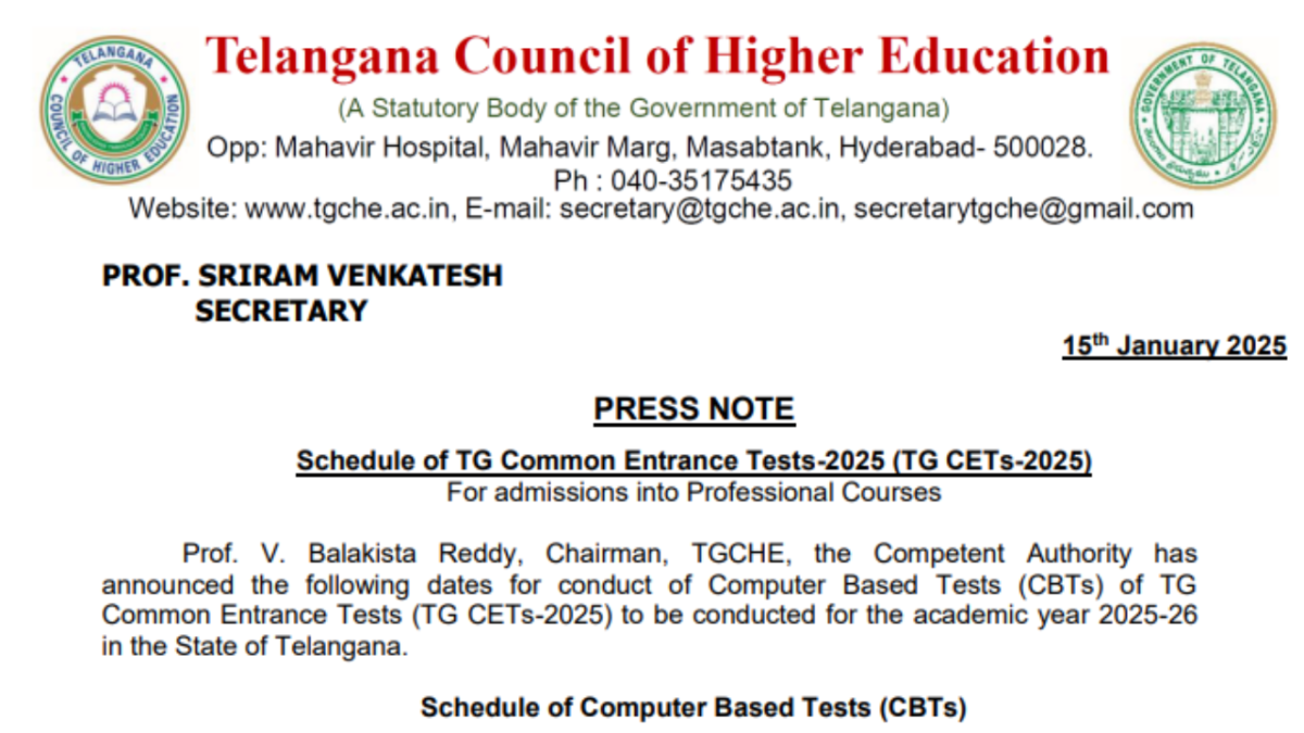 Telangana Common Entrance Test (TG CETs) 2025 scheduled  announced at tgche.ac.in: Check important dates here