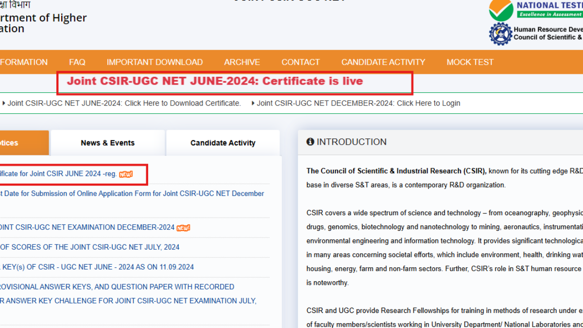 CSIR UGC NET June 2024 certificate released: Direct link to check here