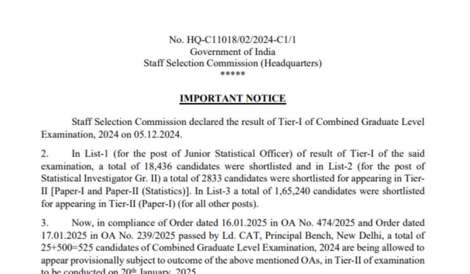 SSC CGL Tier 2 exam: Additional 609 candidates to appear following CAT order, check official notice here