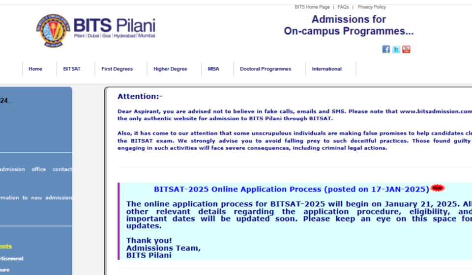 BITSAT 2025 registration date announced at bitsadmission.com: Check details here