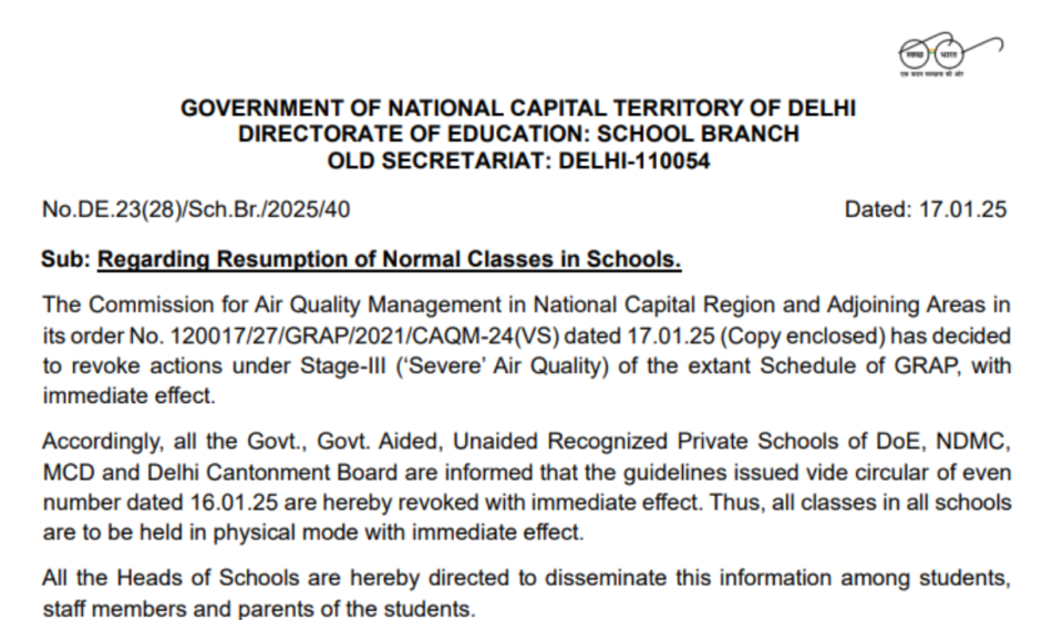 DoE Delhi issues notice regarding physical classes for all schools, check details here