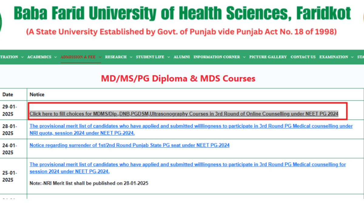 Punjab NEET PG 2024 Counselling: Round 3 choice filling begins, check direct link here