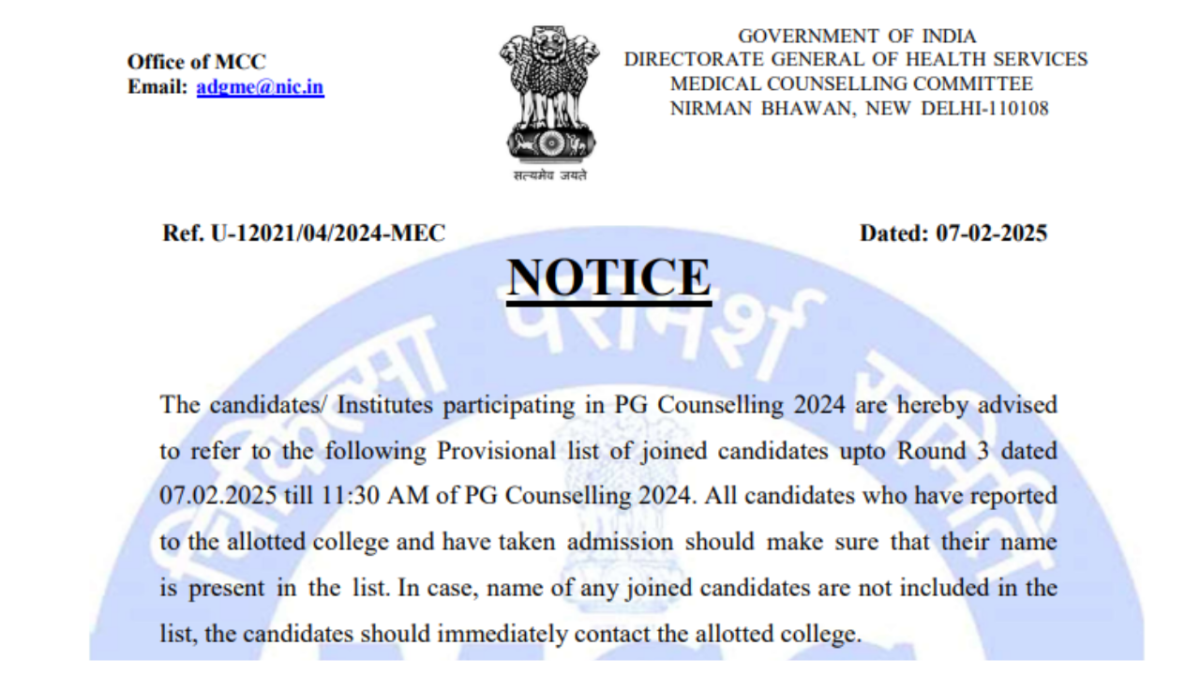 MCC issues NEET PG counselling 2024 round 3 provisional allotment list, check direct link here