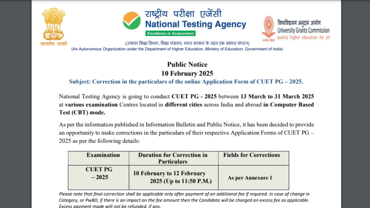 CUET PG 2025: Application correction window opens, Check direct link to make modifications here