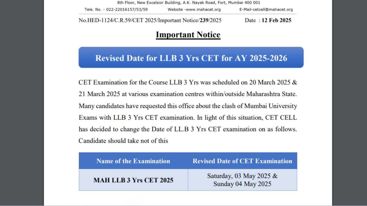 MAH LLB 3 yrs CET exam 2025 date revised: Check updated schedule here